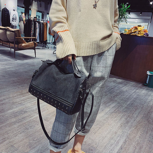 Women Vintage Leather Casual Portable Simple Fashion Rivet Shoulder Boston Bag
