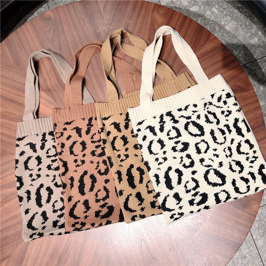 Knitted Shopping Bag Leopard Woven One-Shoulder Casual Portable Shoulder Handle Bag