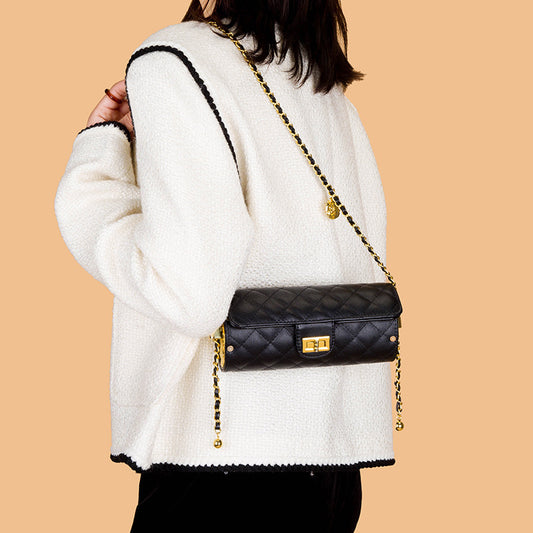 Women Vintage Chain Buckle Design Rhombus Pattern Leather Crossbody Bag