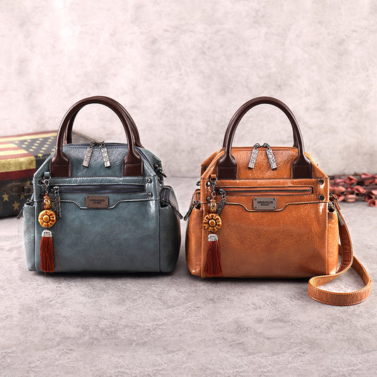 Women Vintage Fashionable Wax Leather Large Capacity Handle Shoulder Bag