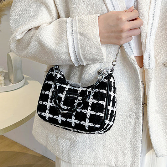 Women Fashion Black White Check Handbag