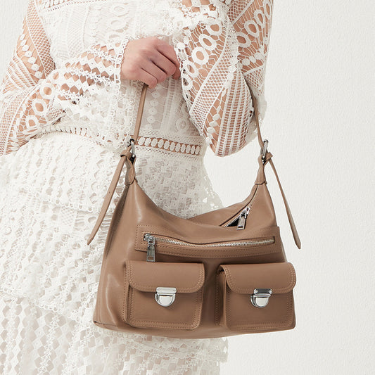 Women Fashion Simple Solid Leather Large Capacity Shoulder Zipper Underarm Bag