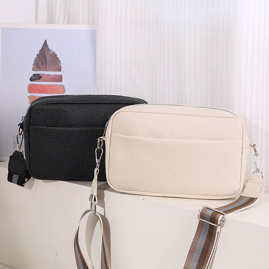 Women Fashion Solid Color Litchi Pattern Wide Strap Square Zipper Crossbody Bag