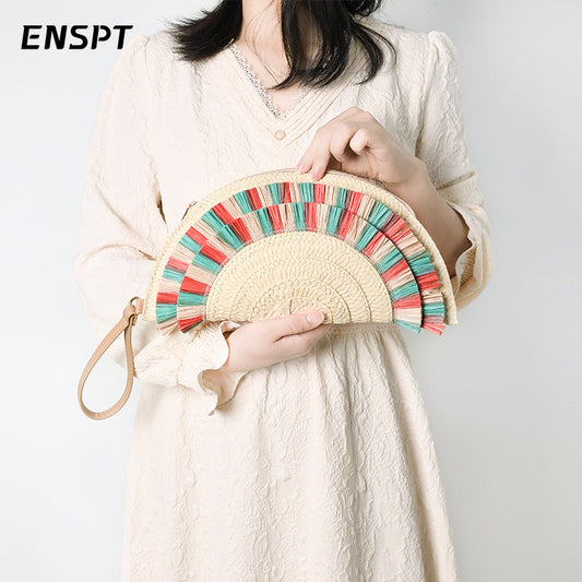 Sac à pompons ethnique tissé tendance pour femme