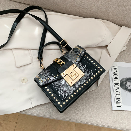 Women Fashion Casual Stud Trim Flap Lock Square Shoulder Crossbody Bag