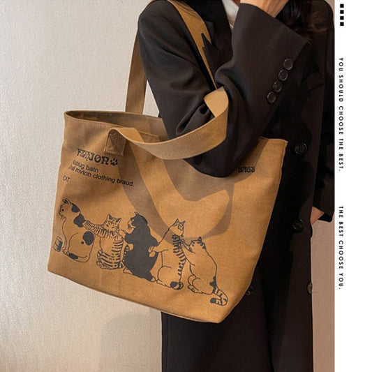 Women Fashion Cat Print Casual Shoulder Canvas Bag