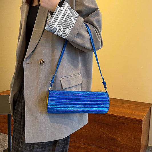 Sac à bandoulière cylindrique à rayures et plis, couleur unie, tendance pour femmes