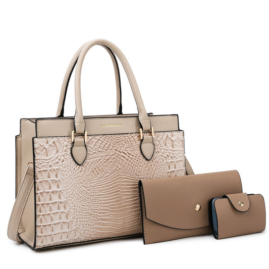 Women Fashion Retro Large Capacity Crocodile Pattern Handbag Purse Set