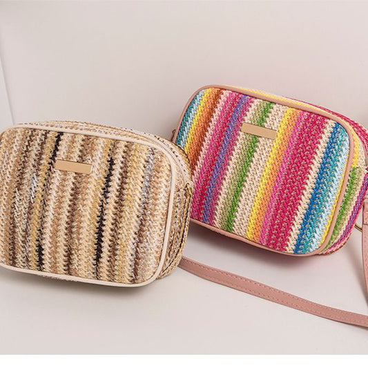 Women Fashion Vacation Beach Boho Vertical Stripe Rainbow Straw Woven Shoulder Crossbody Bags