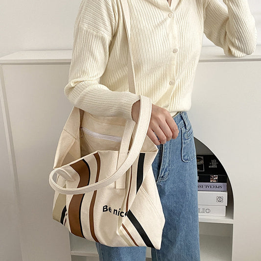 Women Casual Stripe Color Blocking Letter Printed Large Capacity One Shoulder Canvas Bag