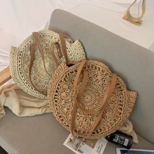 Sac à bandoulière tissé en paille de couleur unie pour femme, motif floral pastoral, grande capacité, avec poignée