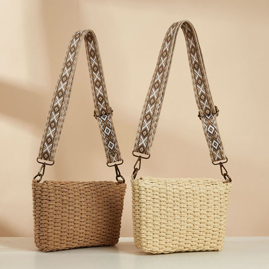 Sac à bandoulière à large sangle en paille tissée de style ethnique pour femme