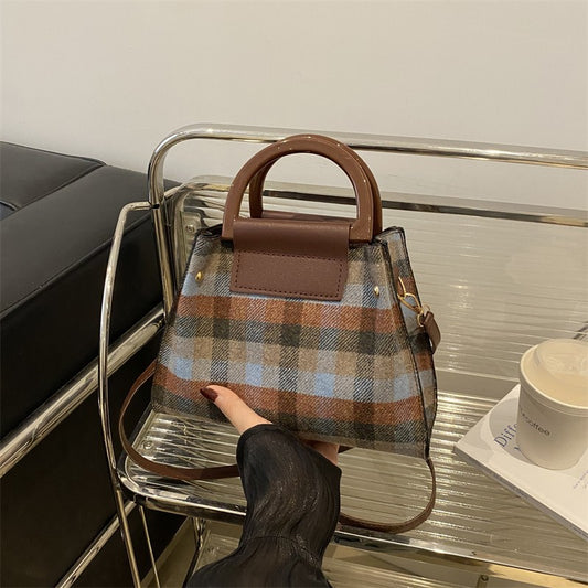 Sac seau décontracté à bandoulière en laine à carreaux rétro pour femme