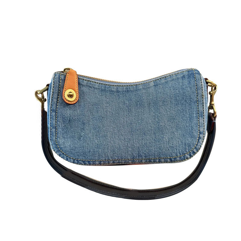 Women Fashion Casual Denim Zipper Baguette Shoulder Bag