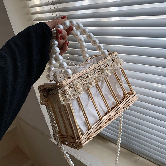 Women Pastoral Pearl Design Solid Color Woven Shoulder Handle Bag Beach Bag