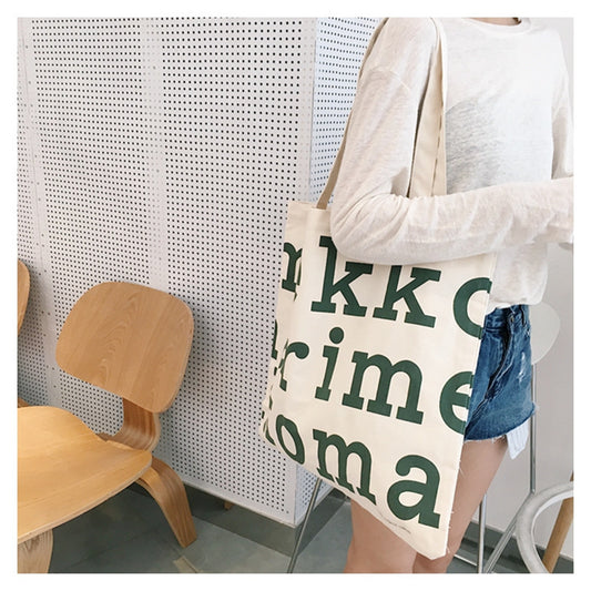 Women Casual Design Solid Color Letter Pattern Canvas Large Capacity Shoulder Handle Tote Bag