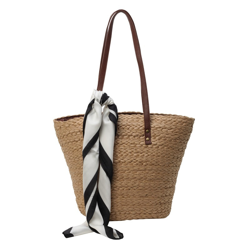 Sac fourre-tout décoratif en soie tissée et paille pour femme, fourre-tout à bandoulière de grande capacité, tendance et tendance, été