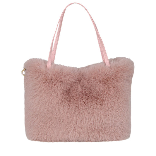 Autumn Winter Women Fashionable Solid Color Plush Faux Fox Fur Handbag