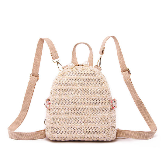Straw Woven Women Pastoral Pearl Design Solid Color Backpack
