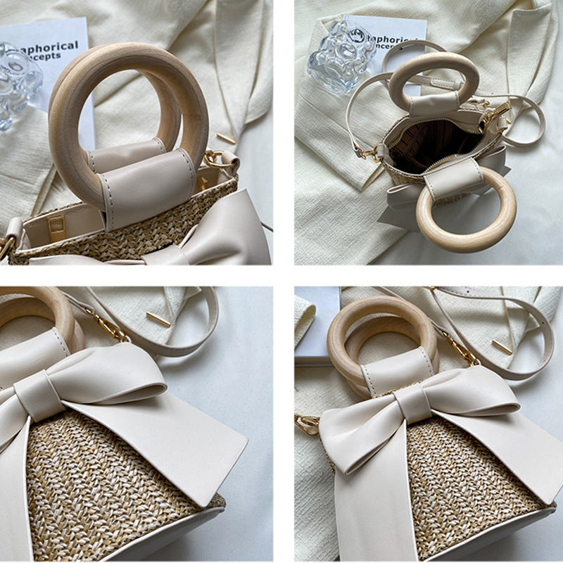 Sac seau en paille tissée avec nœud style bohème