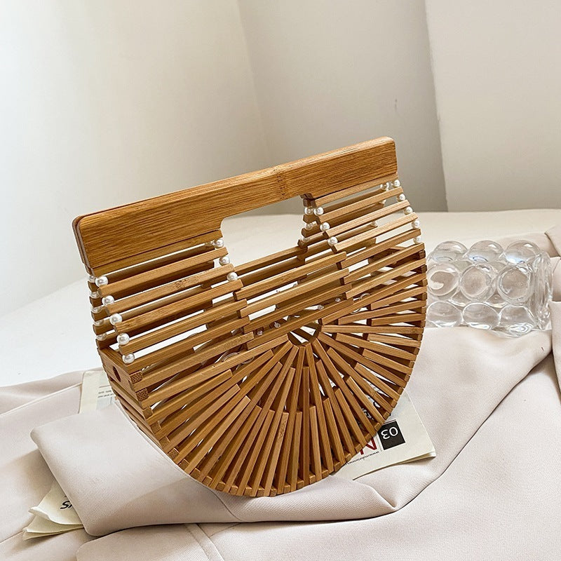 Women Fashion Bamboo Weaving Pearl Pop Straw Saddle Handbag