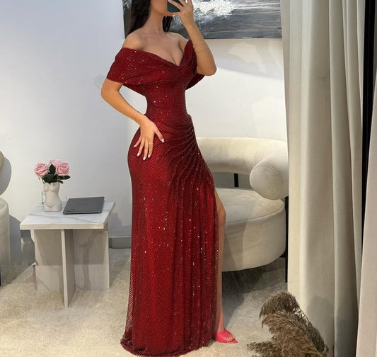 Glitter Ruched Prom Dresses Leg Split Floor Length Mermaid Formal Evening Gown