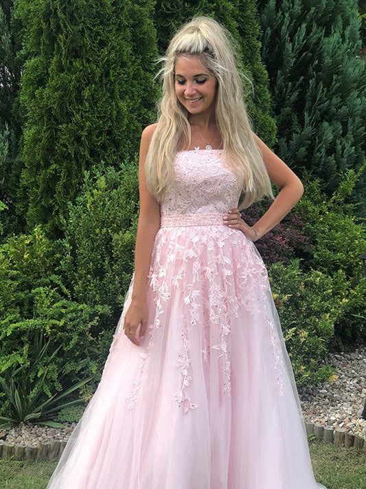 A Line Strapless Tulle Prom Dress With Appliques,WP313
