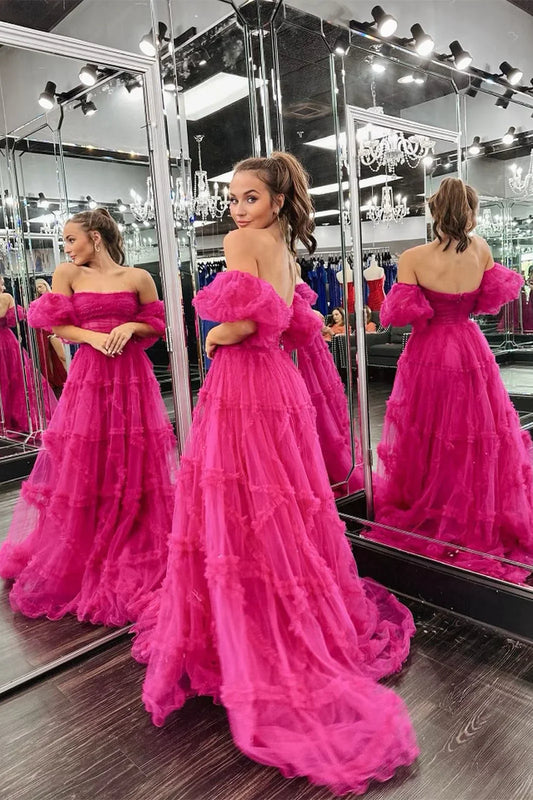 Princess Fuchsia A-Line Tulle Evening Prom Dress