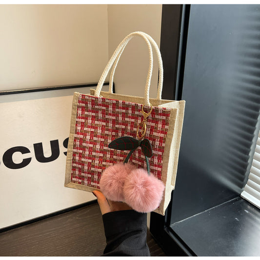 Women Fashion Casual Color Block Cherry Pendant Linen Tote Bag