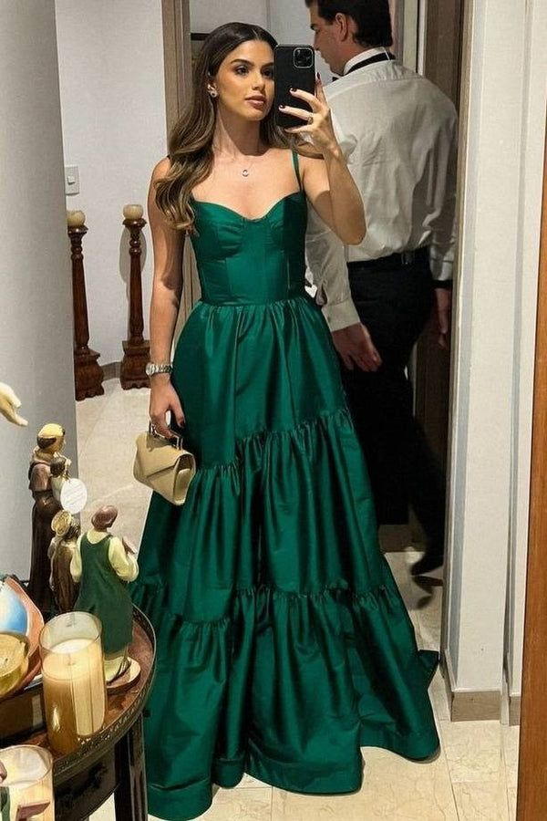 Spaghetti Straps A-Line Green Long Satin Dress Evening Gown