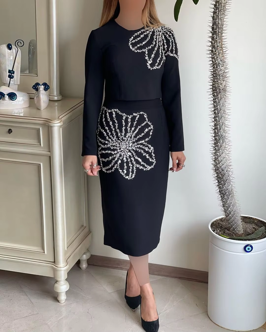 Black Two Piece Party Dress for Wedding,Beaded Flower Formal Dresses