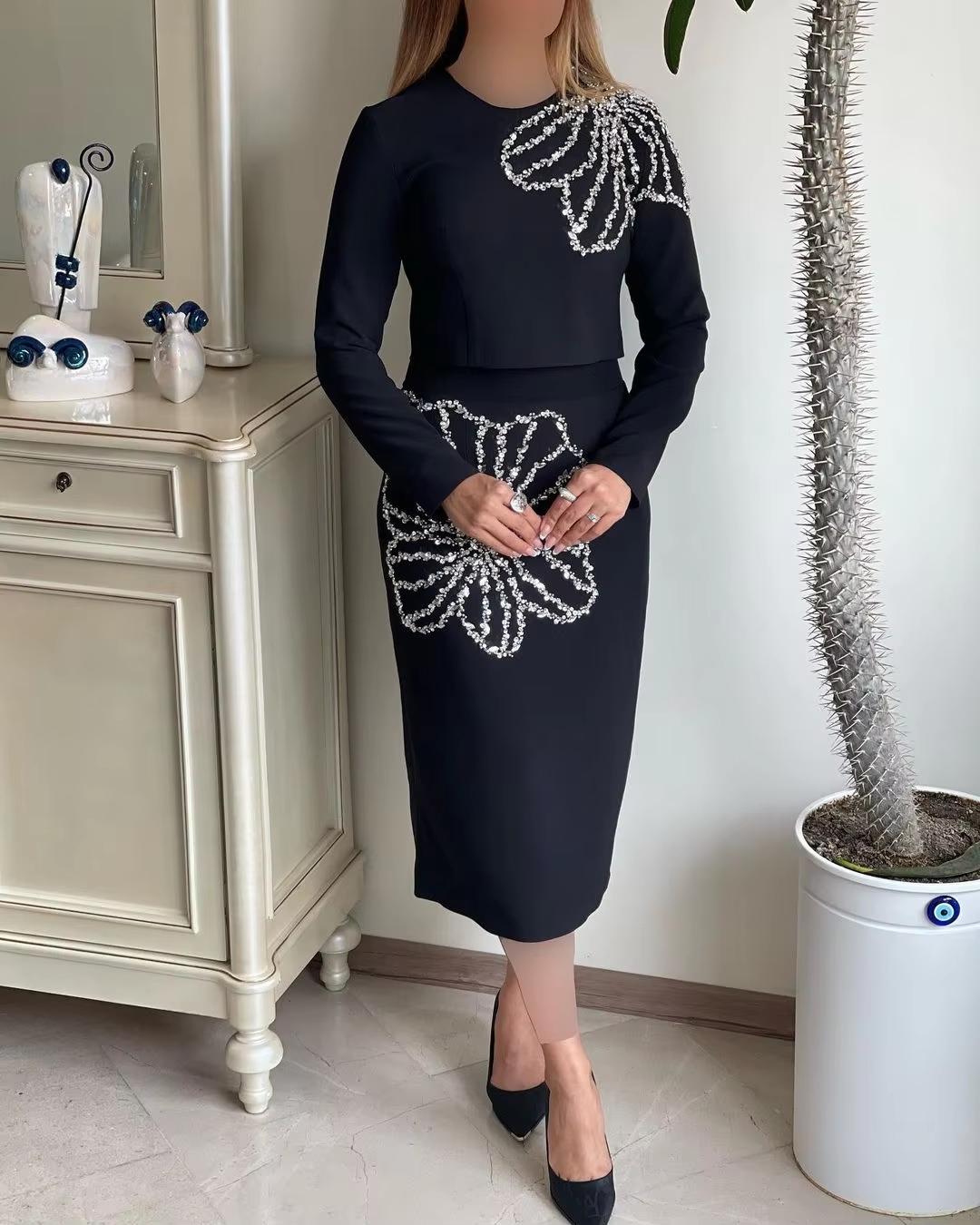 Black Two Piece Party Dress for Wedding,Beaded Flower Formal Dresses