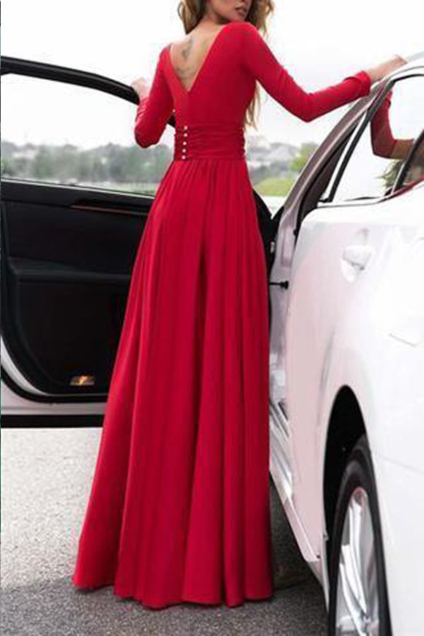 A Line Long Sleeve Prom Dress Dark Green Long Formal Dress WP444