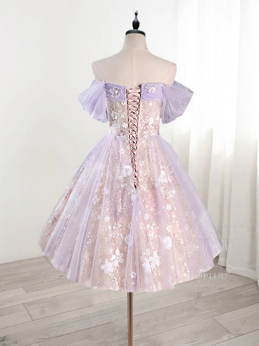 Vintage Light Purple Applique Floral Beaded Off-the-shoulder Design A-line Tulle Party Dress Homecoming Dress TP4059