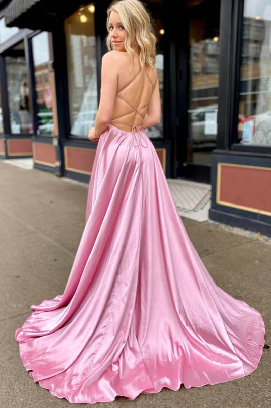 Pink A-line Croset Back Long Prom Dress With Pocket,WP393