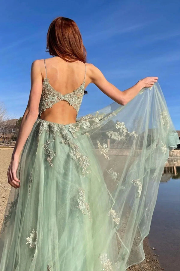 A Line Mint Green Tulle Prom Dress With Appliques,WQ119
