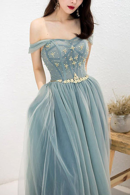 Beaded Off The Shoulder Dusty Blue Tulle Prom Dress,WP322