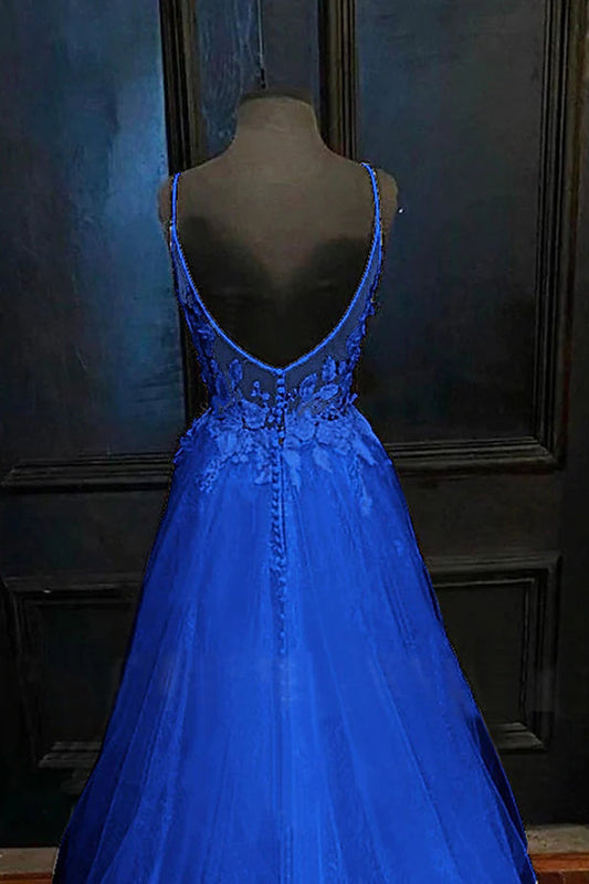 A Line Spaghetti Straps Blue Tulle Prom Dress With Appliques,WP324