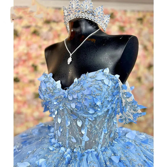 Elegant Blue Beaded Applique Off-the-shoulder Sweet 16 Quinceanera A-Line Prom Dress Birthday Dress Evening Dress Ball Gown TP4525