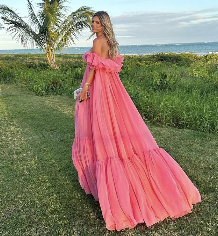 Vintage Pink Off-the-shoulder Prom Dress Long Pleated Evening Dress Formal Dress TP4574