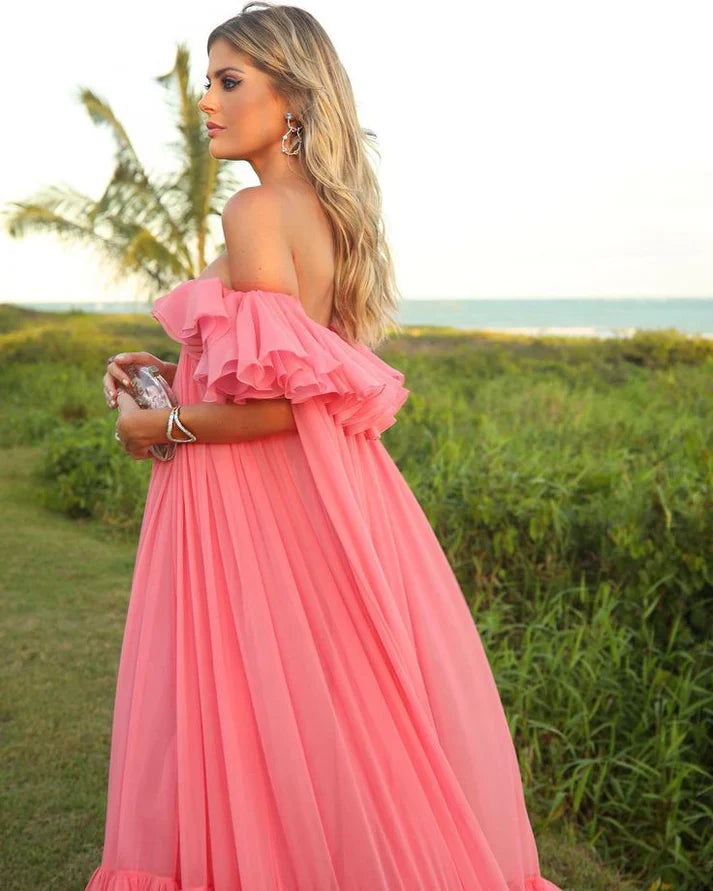 Vintage Pink Off-the-shoulder Prom Dress Long Pleated Evening Dress Formal Dress TP4574