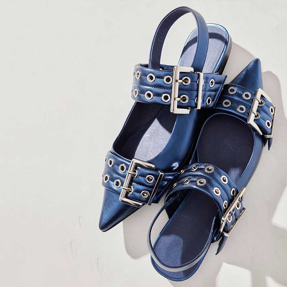 Navy Metallic Finish Slingback Shoes Double Grommet Straps Flats