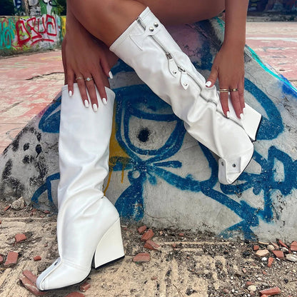 White Vintage Zipper Wide-Calf Knee High Boots with Wedges