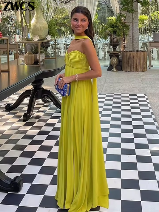 Fancy Strapless Pleated Dresses Sexy Chiffon Long Evening Party Gowns