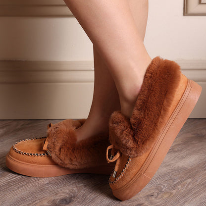 Brown Vegan Suede Round Toe Bow Flats Furry Loafer Shoes for Women