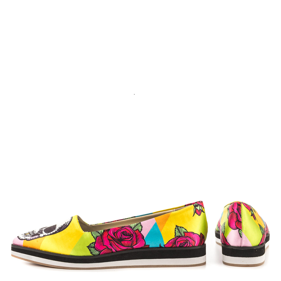 Multicolor Skull & Flower Print Pointed Toe Casual Flats for Women