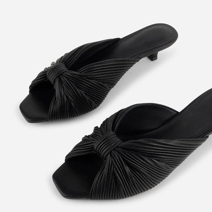 Women's Black Knot Detail Peep Toe Pleated Mule Kitten Heels
