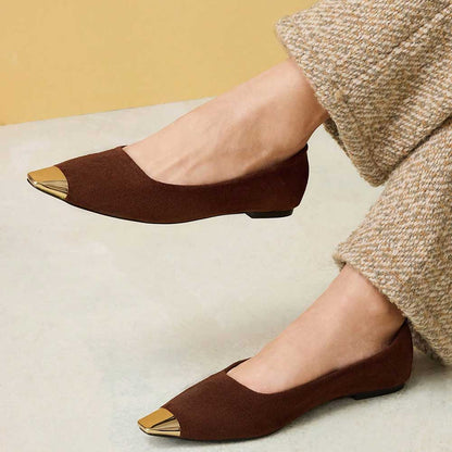 Women's Elegant Vegan Suede Metallic Square Toe Flats in Brown