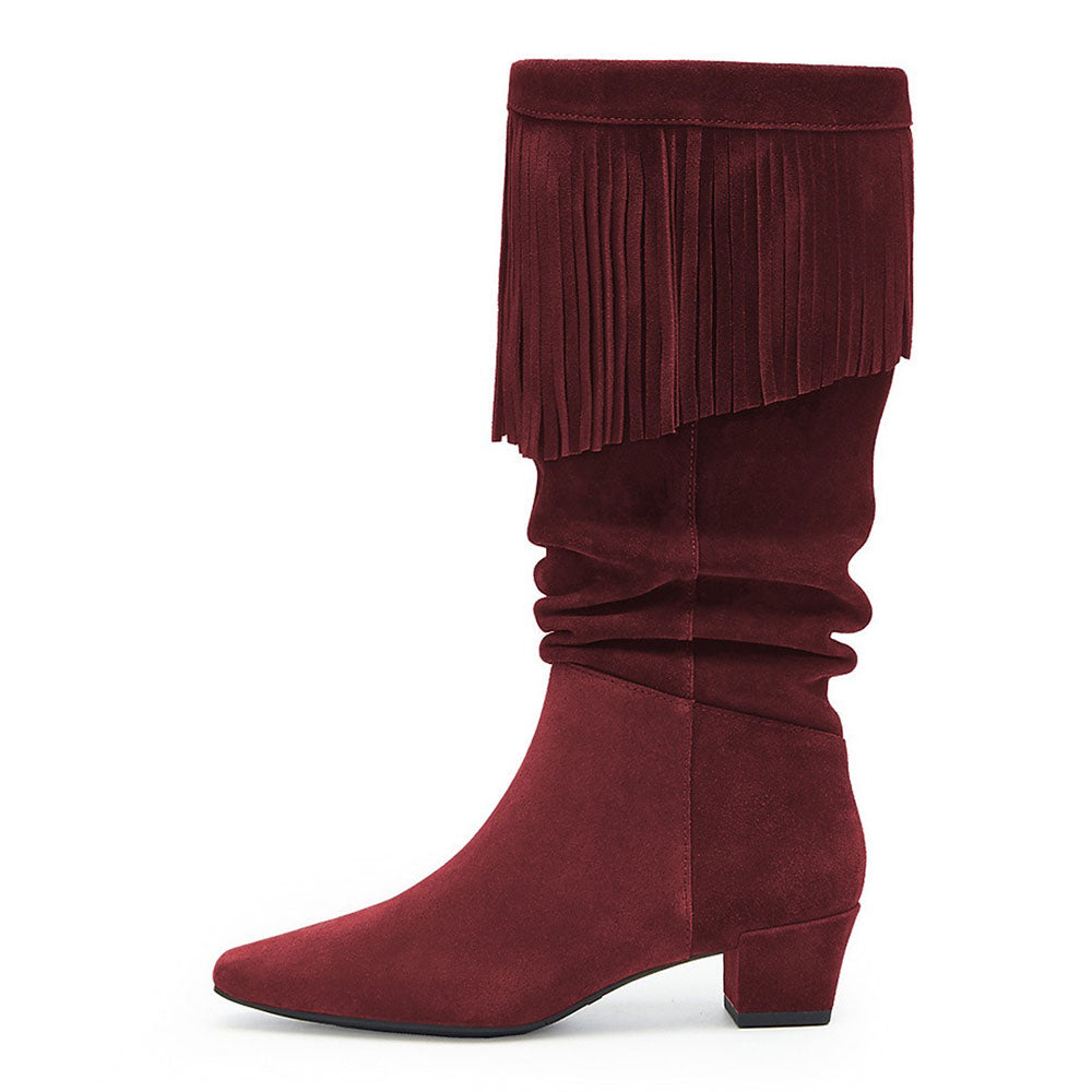 Women's Square Toe Low Heel Fringe Maroon Below The Knee Boots