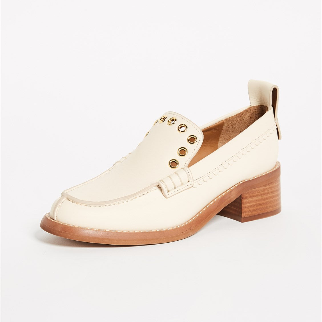 Beige Round Toe Hollow Out Block Heel Women's Loafers